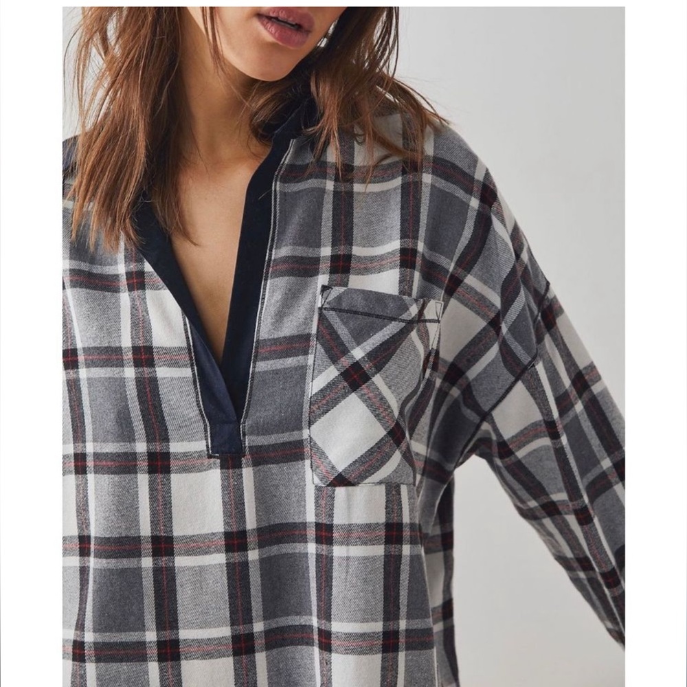 Free People Sunday morning Black & White Plaid Flannel sleep shirt